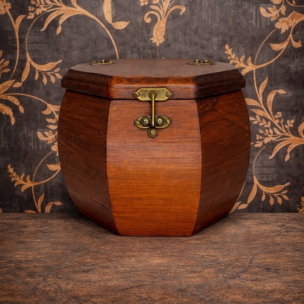Antique style Wooden Hexagonal Tea Caddy with Brass Clasp